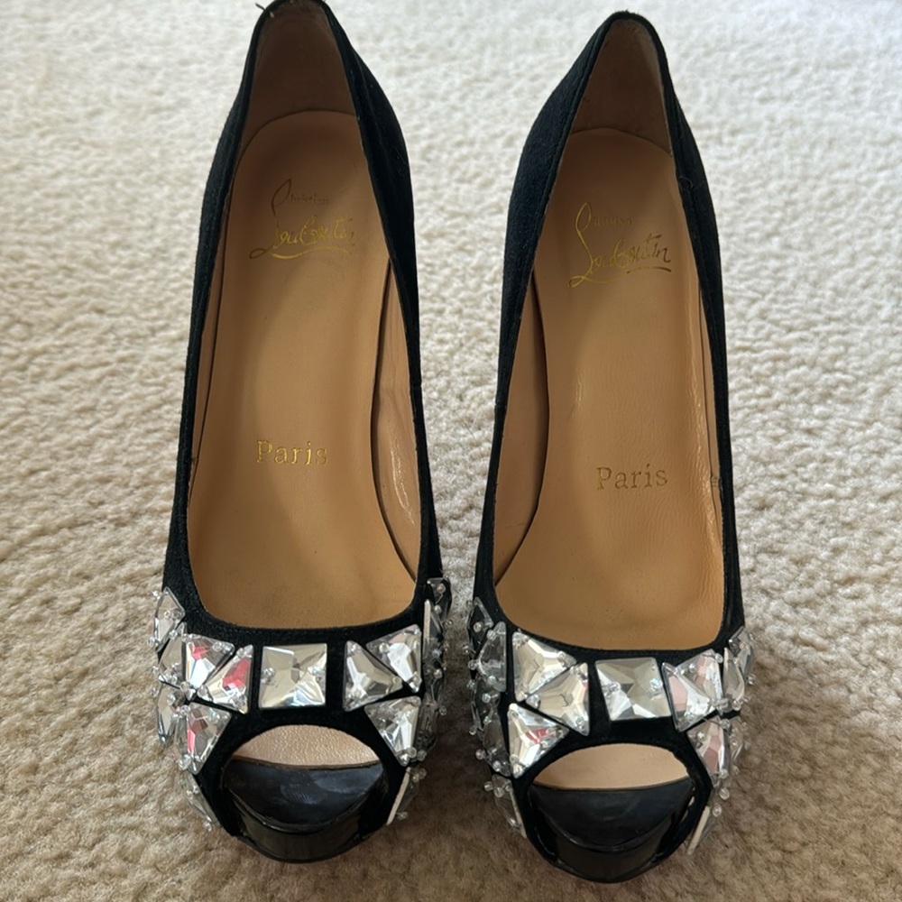 Christian Louboutin Black Peep-Toe Heels with Silver Accents